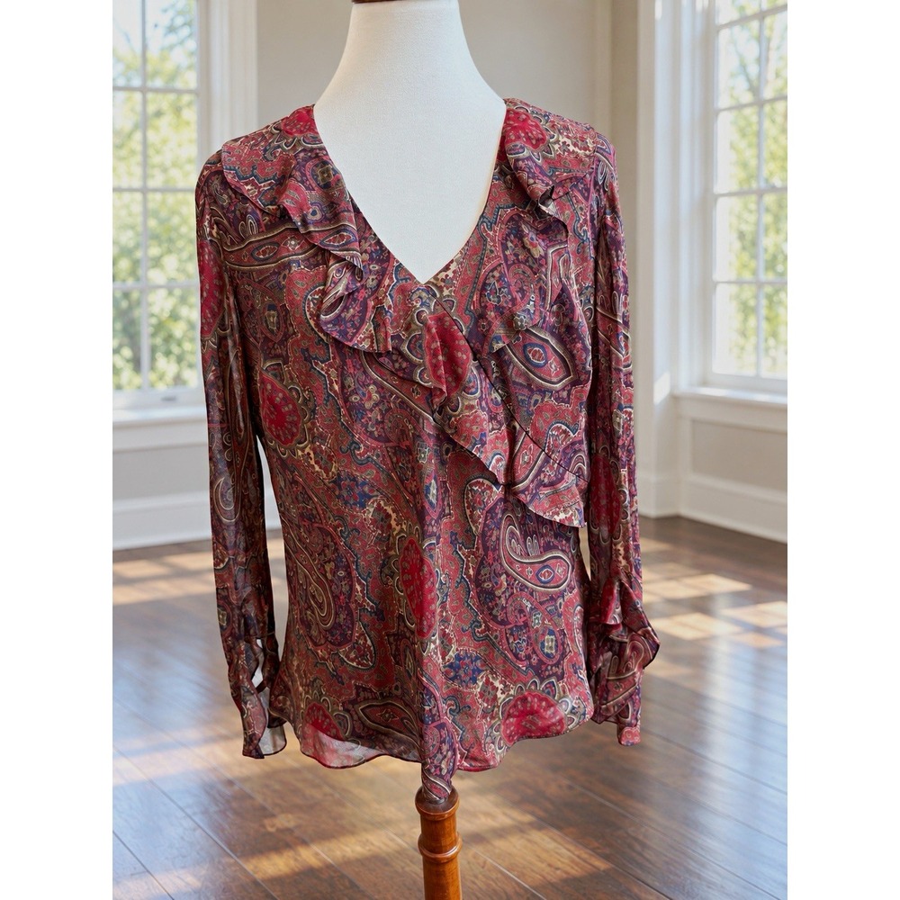 Lauren Ralph Lauren 100% Silk Paisley Ruffle Blouse Sheer Long Ruffle Sleeve 14W